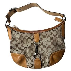 Y2K COACH Hamptons Signature Hobo Clip Brown Leather Canvas Women Used 11576